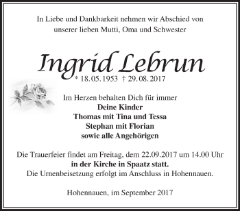 Traueranzeige von Ingrid Lebrun von Märkische Oderzeitung