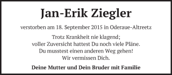 Traueranzeige von Jan-Erik Ziegler von Märkische Oderzeitung