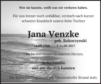 Traueranzeige von Jana Venzke von Märkische Oderzeitung