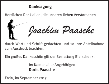 Traueranzeige von Joachim Paasche von Märkische Oderzeitung