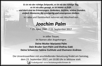 Traueranzeige von Joachim Palm von Märkische Oderzeitung