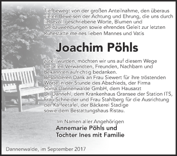 Traueranzeige von Joachim Pöhls von Märkische Oderzeitung