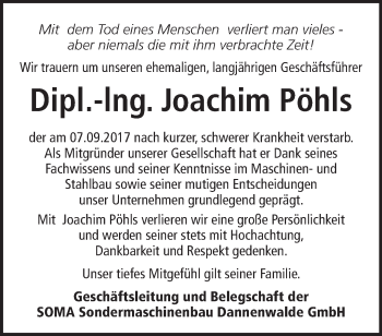 Traueranzeige von Joachim Pöhls von Märkische Oderzeitung