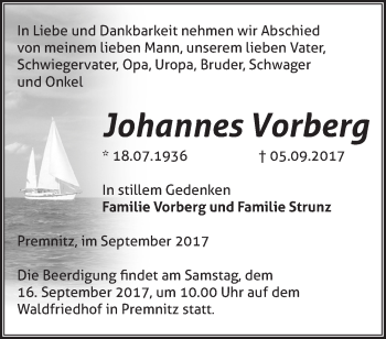 Traueranzeige von Johannes Vorberg von Märkische Oderzeitung