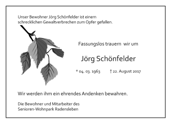 Traueranzeige von Jörg Schönfelder von Märkische Oderzeitung