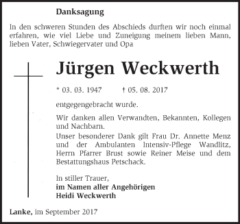 Traueranzeige von Jürgen Weckwerth von Märkische Oderzeitung