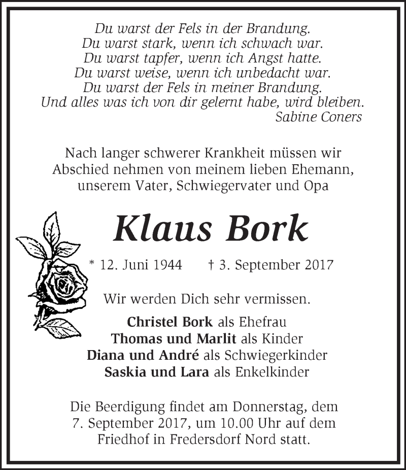  Traueranzeige für Klaus Bork vom 06.09.2017 aus Märkische Oderzeitung