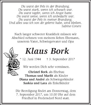 Traueranzeige von Klaus Bork von Märkische Oderzeitung