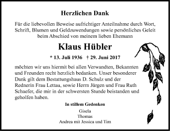 Traueranzeige von Klaus Hübler von Märkische Oderzeitung