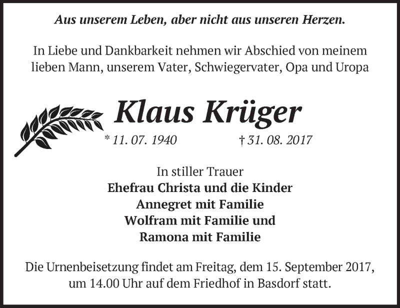  Traueranzeige für Klaus Krüger vom 09.09.2017 aus Märkische Oderzeitung