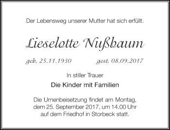 Traueranzeige von Lieselotte Nußbaum von Märkische Oderzeitung