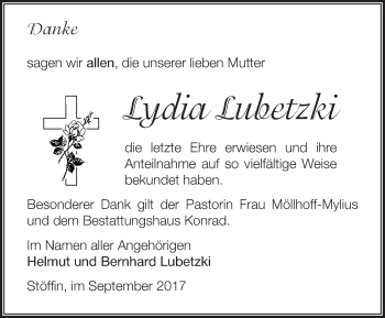 Traueranzeige von Lydia Lubetzki von Märkische Oderzeitung