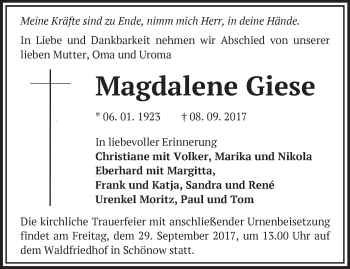 Traueranzeige von Magdalene Giese von Märkische Oderzeitung