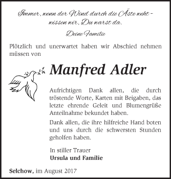 Traueranzeige von Manfred Adler von Märkische Oderzeitung