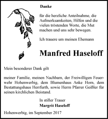 Traueranzeige von Manfred Haseloff von Märkische Oderzeitung