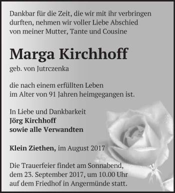 Traueranzeige von Marga Kirchhoff von Märkische Oderzeitung