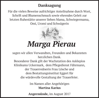 Traueranzeige von Marge Pierau von Märkische Oderzeitung