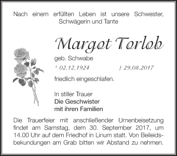 Traueranzeige von Margot Torlob von Märkische Oderzeitung