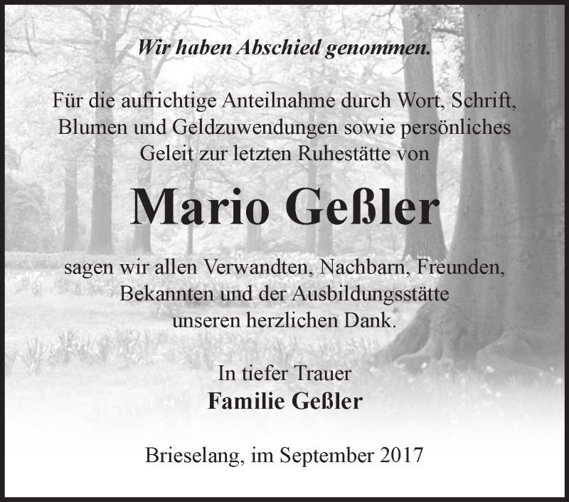  Traueranzeige für Mario Geßler vom 24.09.2017 aus Märkische Oderzeitung