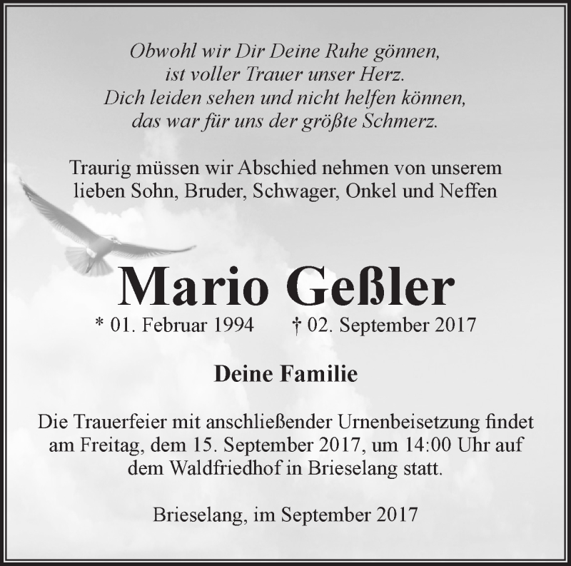  Traueranzeige für Mario Geßler vom 10.09.2017 aus Märkische Oderzeitung