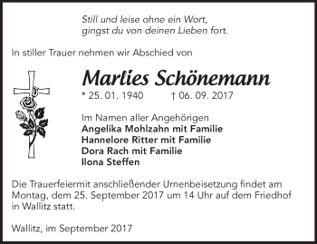 Traueranzeige von Marlies Schönemann von Märkische Oderzeitung