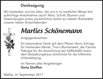 Traueranzeige von Marlies Schönemann von Märkische Oderzeitung