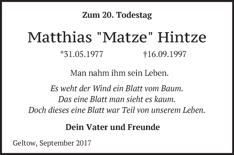  Traueranzeige für Matthias  Hintze vom 17.09.2017 aus Märkische Oderzeitung