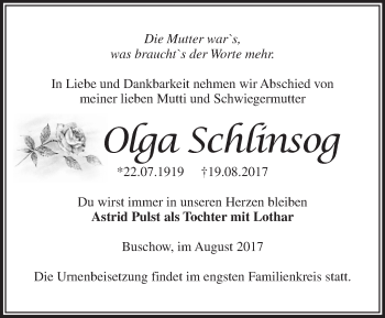 Traueranzeige von Olga Schlinsog von Märkische Oderzeitung