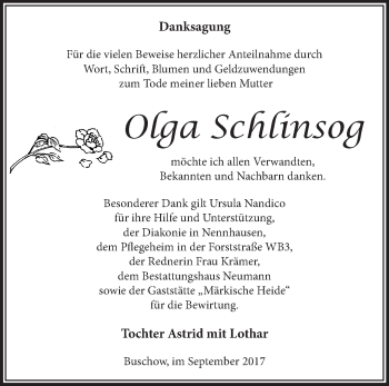 Traueranzeige von Olga Schlinsog von Märkische Oderzeitung