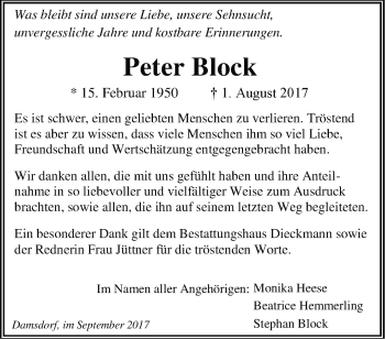 Traueranzeige von Peter Block von Märkische Oderzeitung