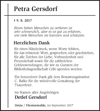 Traueranzeige von Petra Gersdorf von Märkische Oderzeitung