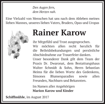 Traueranzeige von Rainer Karow von Märkische Oderzeitung