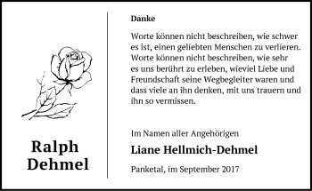 Traueranzeige von Ralph Dehmel von Märkische Oderzeitung