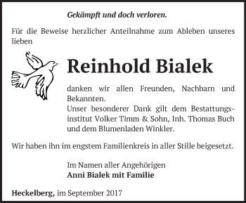 Traueranzeige von Reinhold Bialek von Märkische Oderzeitung