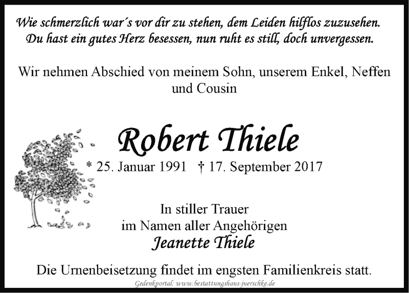  Traueranzeige für Robert Thiele vom 30.09.2017 aus Märkische Oderzeitung