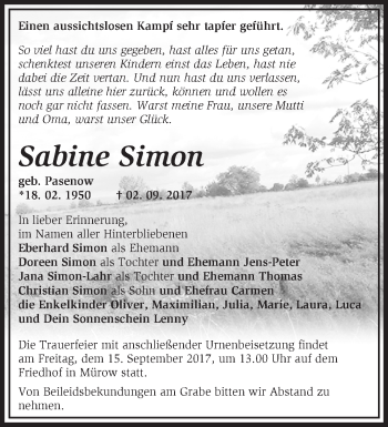 Traueranzeige von Sabine Simon von Märkische Oderzeitung