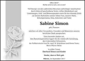 Traueranzeige von Sabine Simon von Märkische Oderzeitung