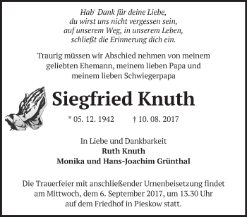 Traueranzeige von Siegfried Knuth von Märkische Oderzeitung