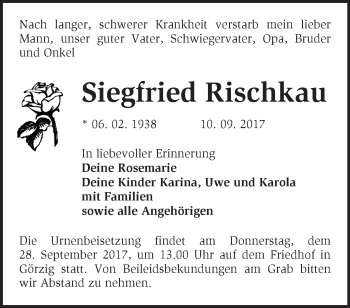 Traueranzeige von Siegfried Rischkau von Märkische Oderzeitung