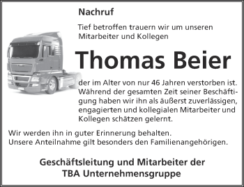 Traueranzeige von Thomas Beier von Märkische Oderzeitung