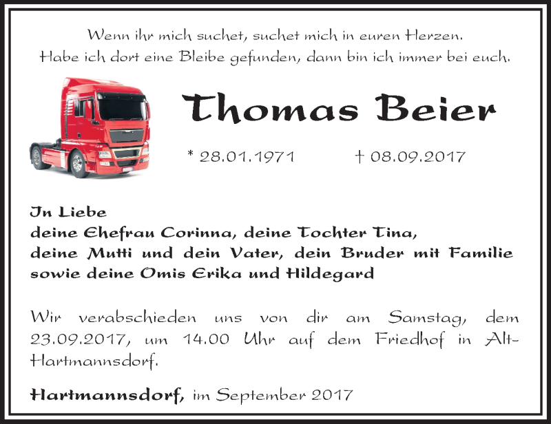  Traueranzeige für Thomas Beier vom 16.09.2017 aus Märkische Oderzeitung