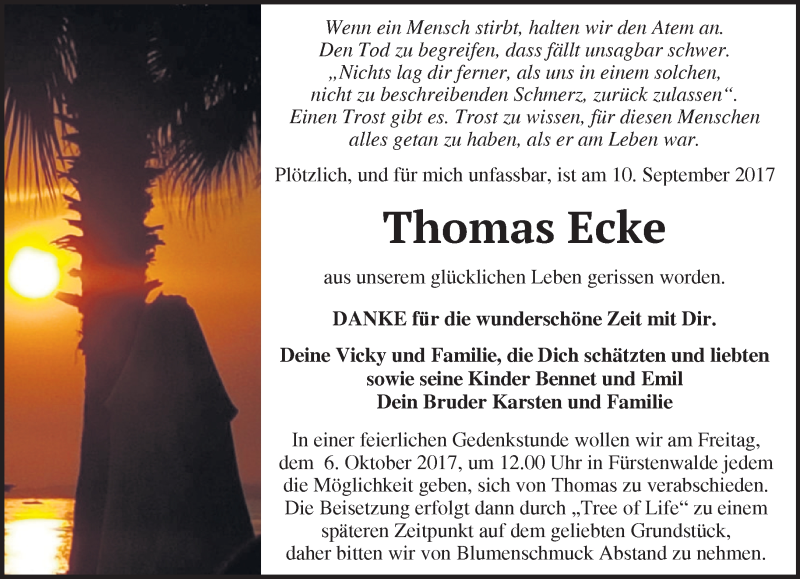  Traueranzeige für Thomas Ecke vom 24.09.2017 aus Märkische Oderzeitung
