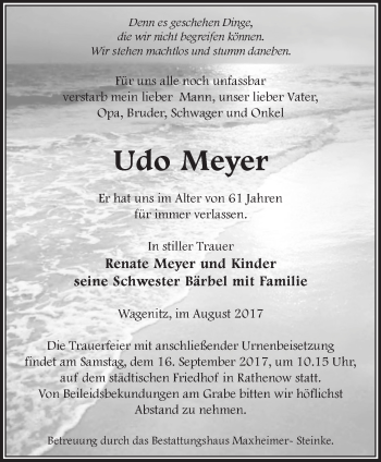 Traueranzeige von Udo Meyer von Märkische Oderzeitung