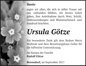 Traueranzeige von Ursula Götze von Märkische Oderzeitung