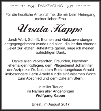 Traueranzeige von Ursula Kappe von Märkische Oderzeitung