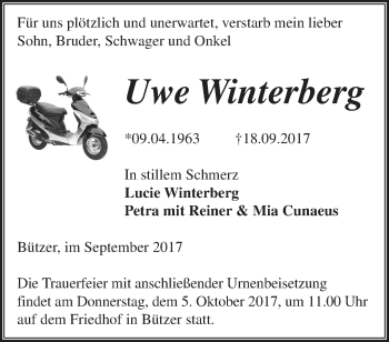 Traueranzeige von Uwe Winterberg von Märkische Oderzeitung