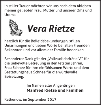 Traueranzeige von Vera Rietze von Märkische Oderzeitung