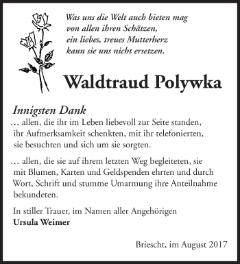 Traueranzeige von Waldtraud Polywka von Märkische Oderzeitung