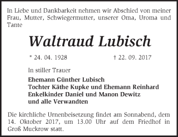 Traueranzeige von Waltraud Lubisch von Märkische Oderzeitung