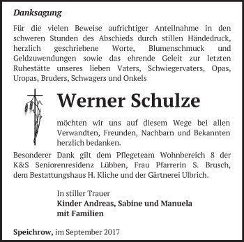 Traueranzeige von Werner Schulze von Märkische Oderzeitung